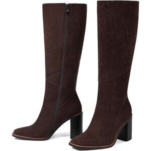 Women’s Polyurethane Chocolate Square Toe Chunky Block Heel Leather Zip Up Boot